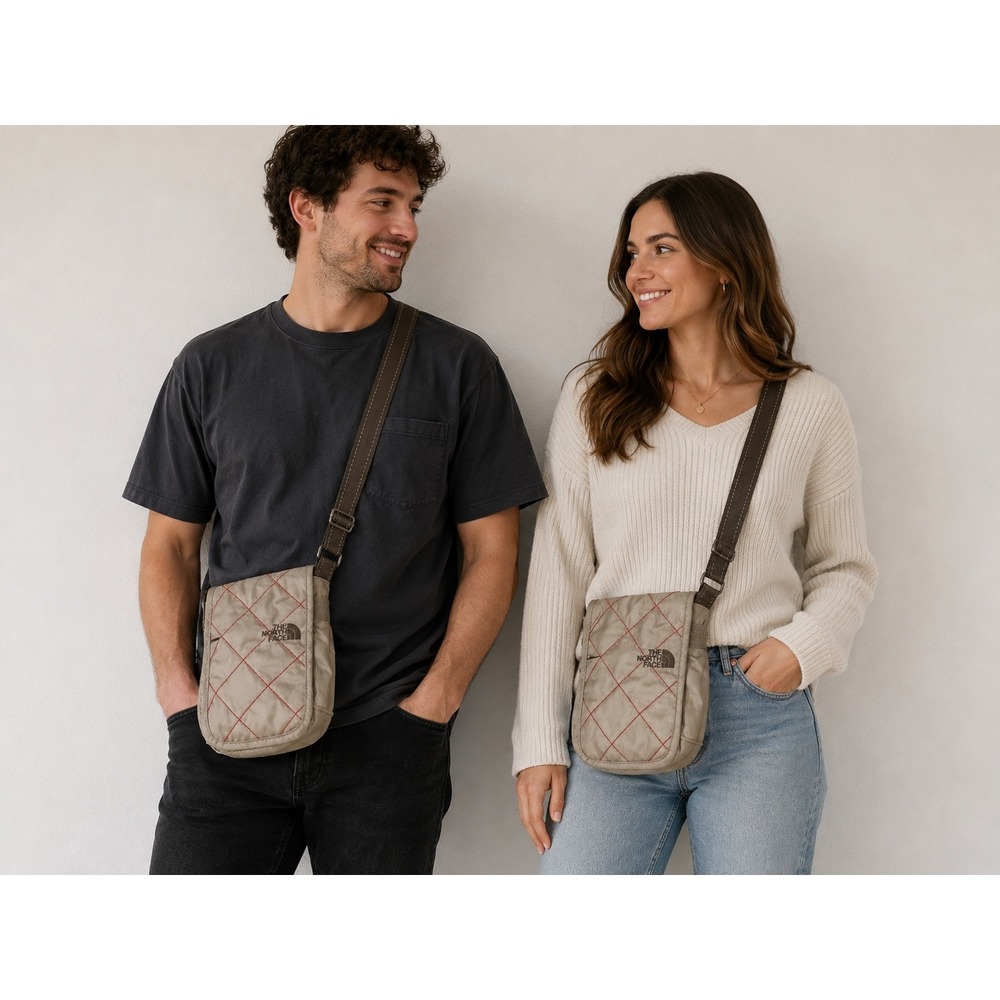 The North Face Crossbody Bag Purse Beige Nylon Handbag Travel Geometric